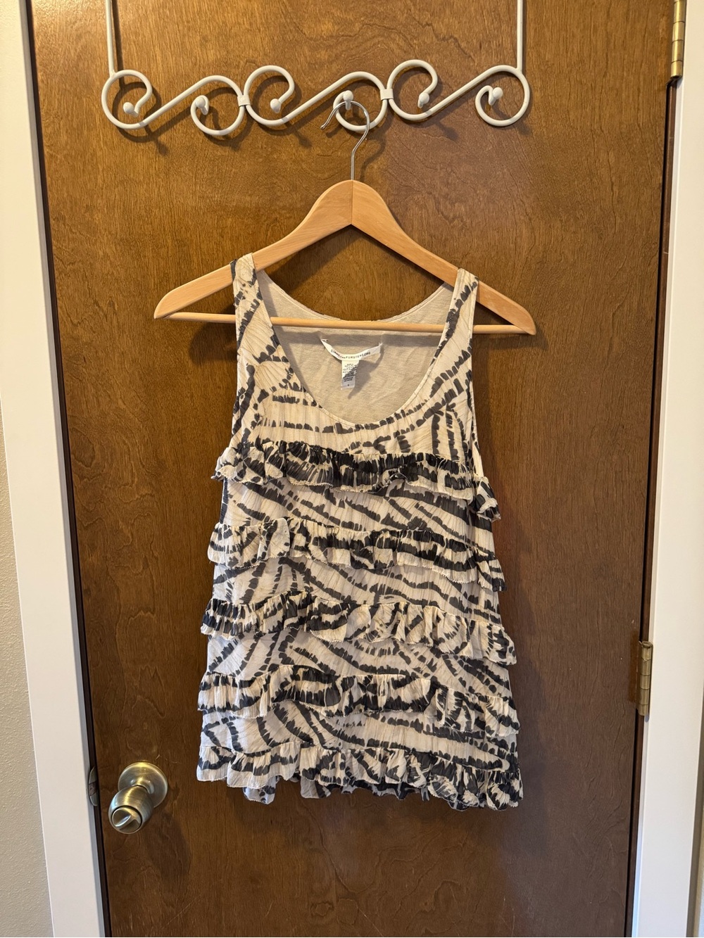 Diane von Furstenberg Zebra Print Ruffle Silk Chiffon and Bamboo Tank Top 0